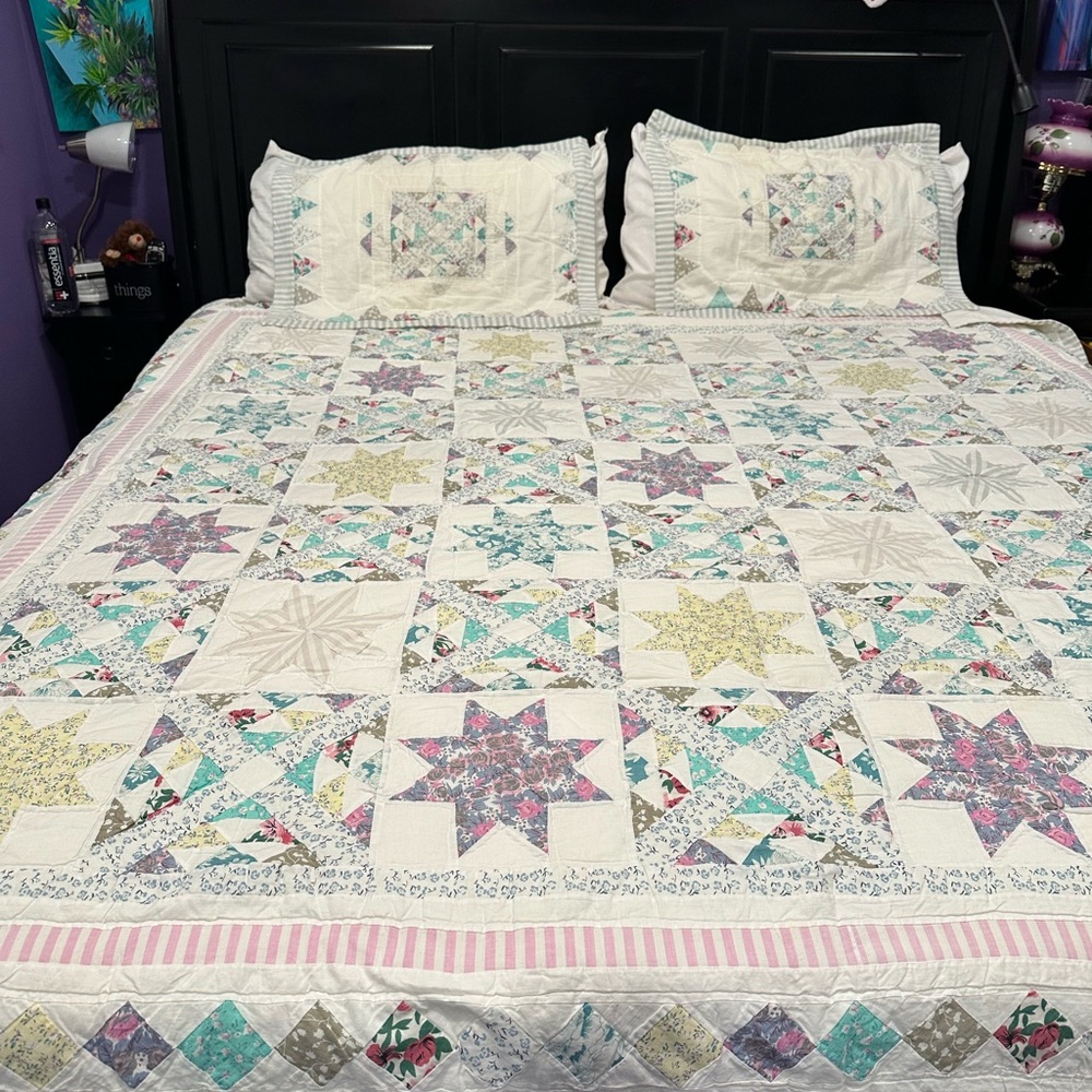 Vintage Hand Stitched 8 Point LeMoyne Star Rustic 3 Piece Farmhouse Quilt. Queen